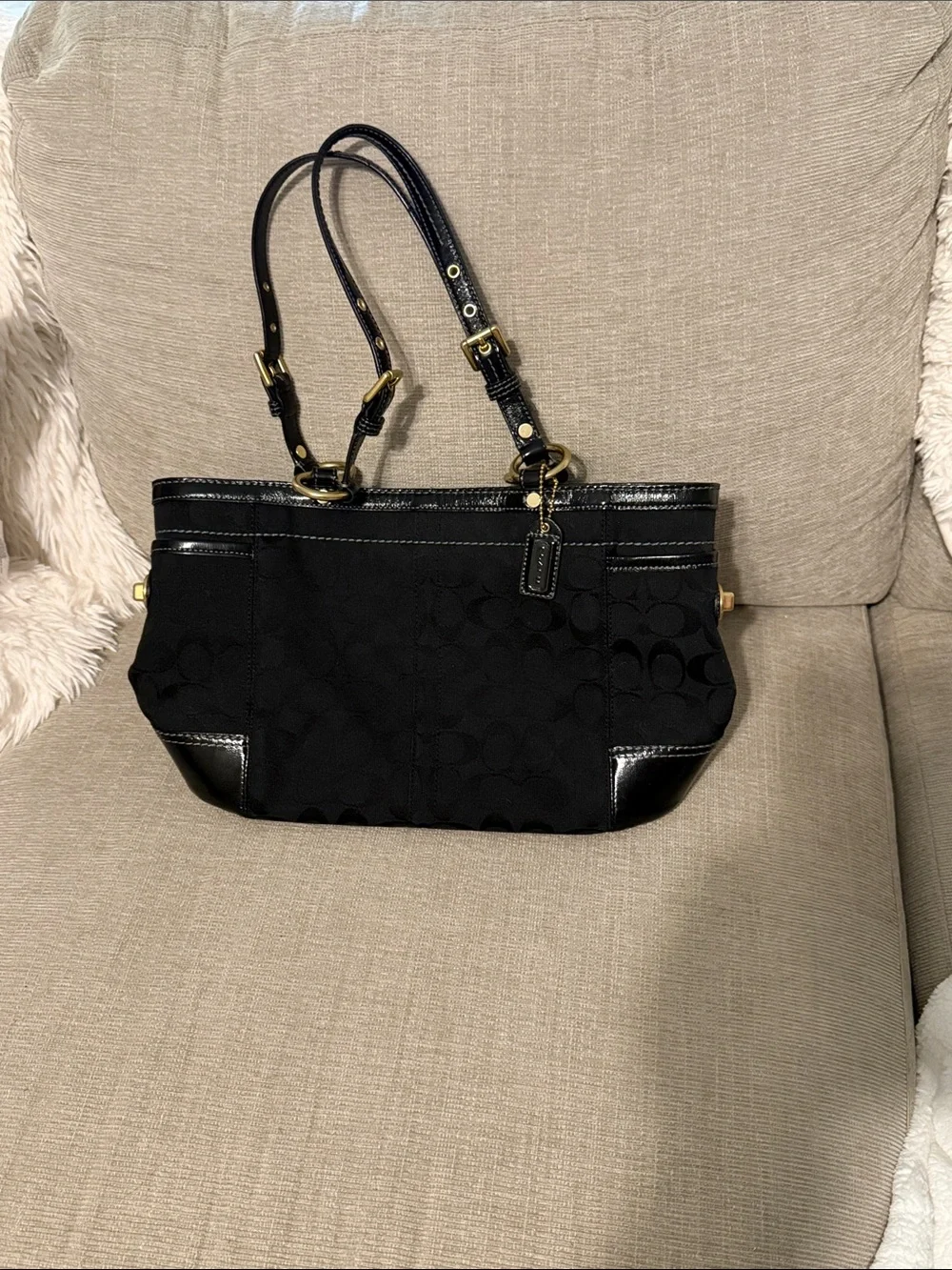 Coach Black Signature Jacquard Satchel with Patent Trim and Gold Hardware